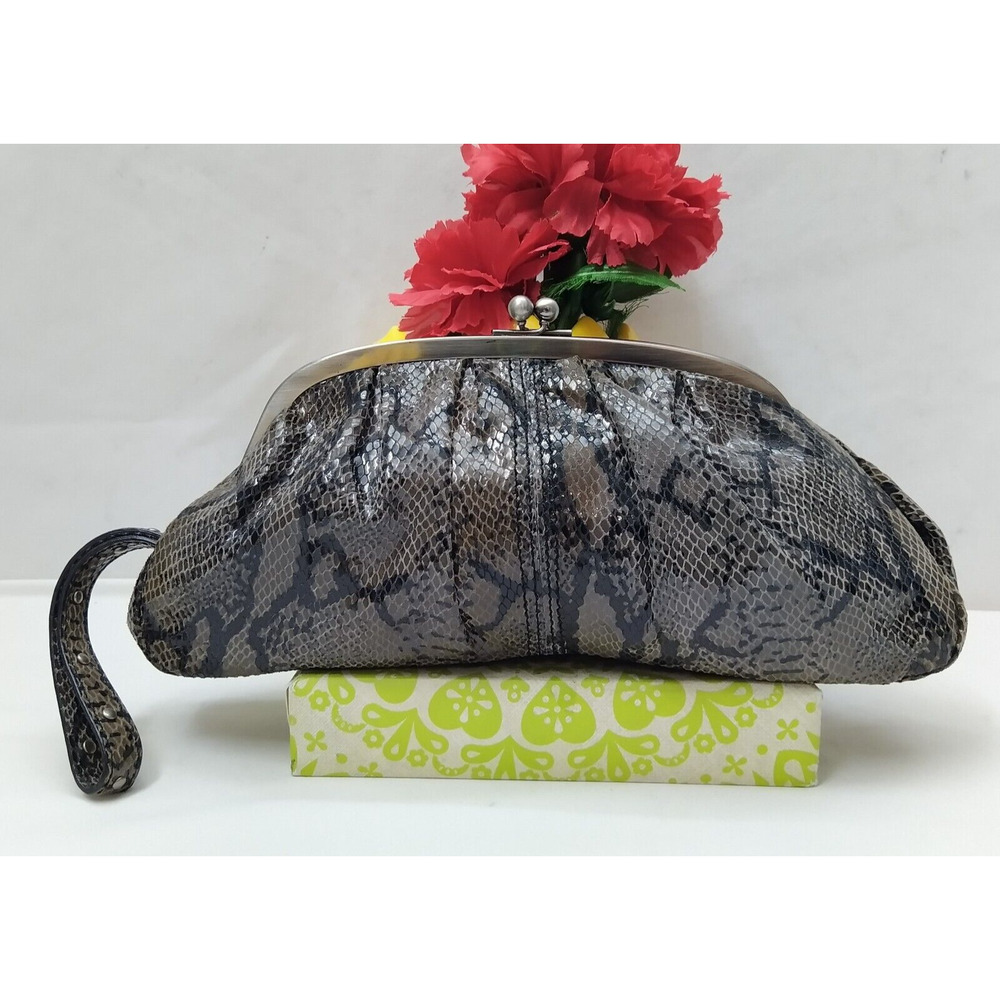 Kenneth Cole Reaction Gray Leather Snakeskin Embossed Kisslock Framed Clutch